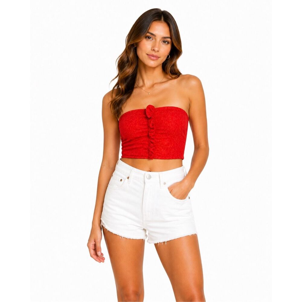 FANCO Women’s Red Strapless Zip Back Ruffle Front Crop Tube Top Medium